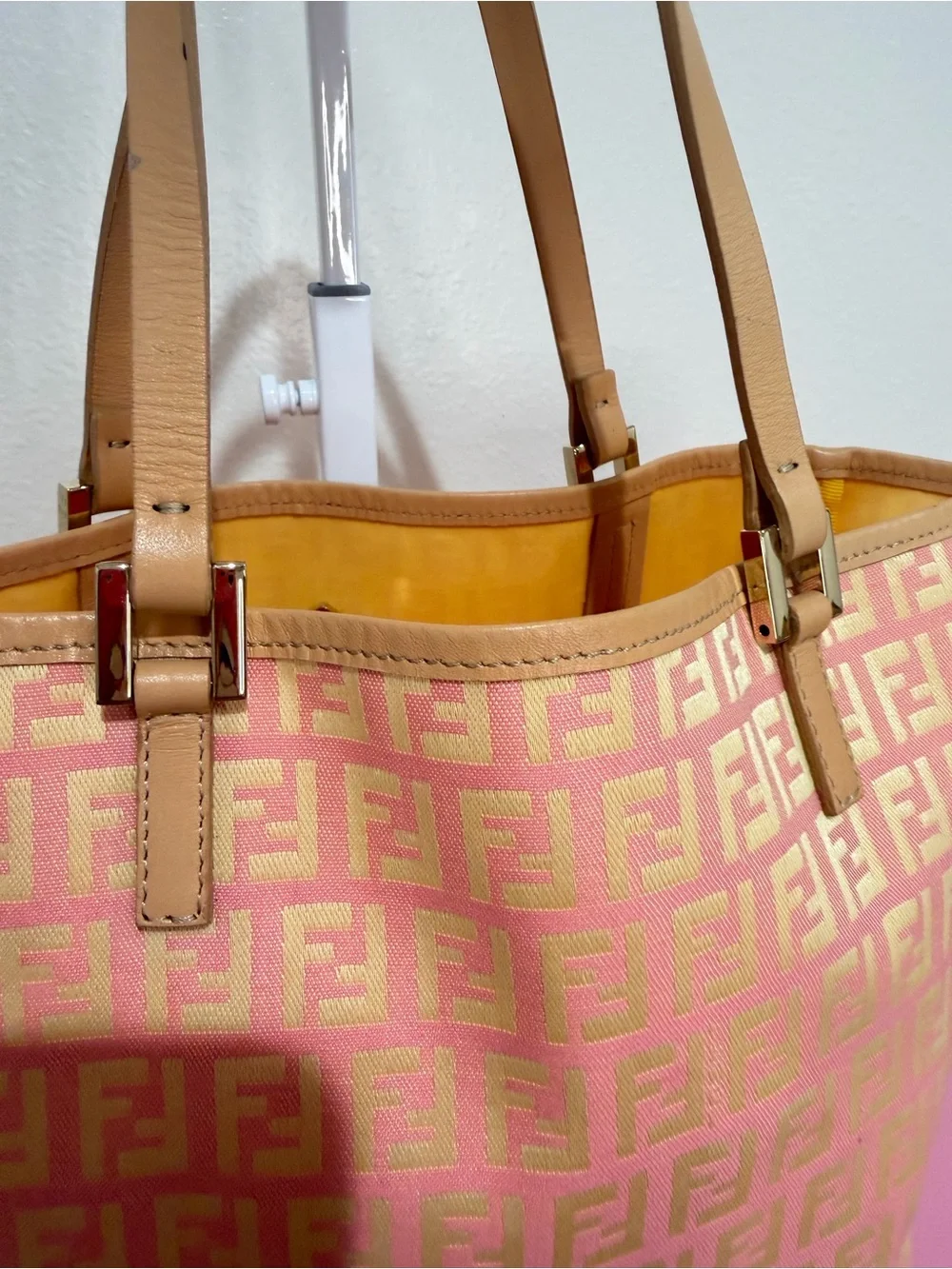 Fendi Pink and Tan Zucca Monogram Tote with Pouch